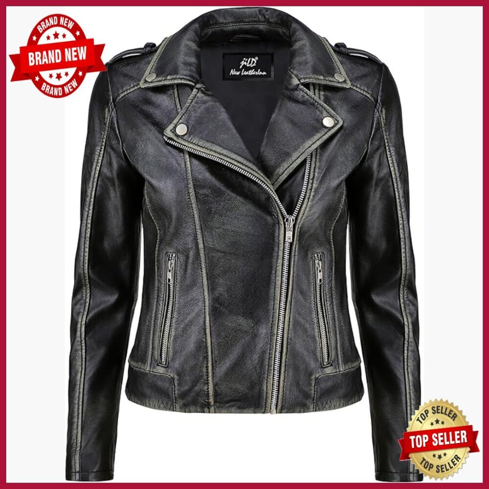 Vintage Lambskin Leather Moto Jacket, Asymmetrical Zippers, Distressed Finish